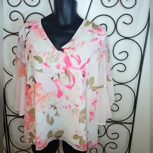 Calvin Klein blouse floral and pink white strips XL